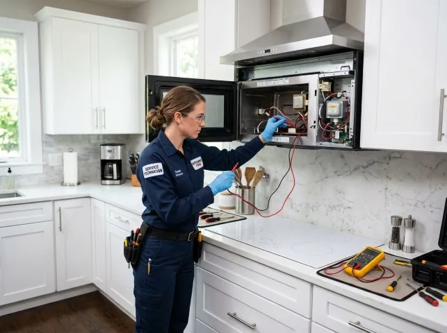 Appliance Repair Hero technician testing an over-the-range microwave in a Belvidere, IL kitchen